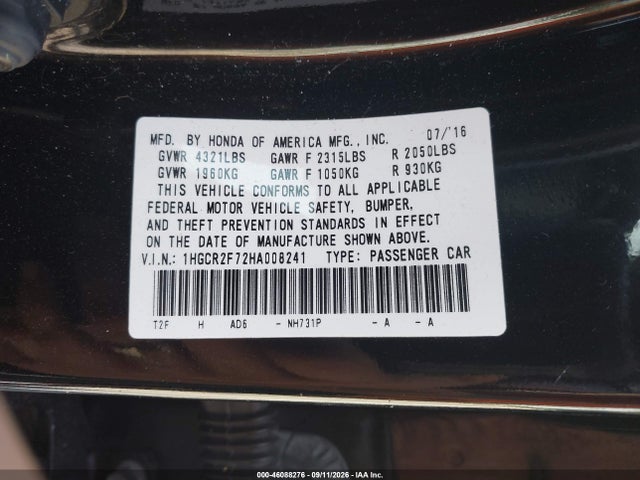 Aukcja sprzedaży 2017 Honda Accord Ex, vin: 1HGCR2F72HA008241, numer aukcji: 46088276