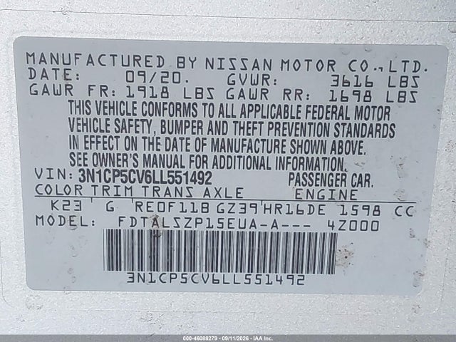 46088279 :رقم المزاد ، 3N1CP5CV6LL551492 vin ، 2020 Nissan Kicks Sv Xtronic Cvt مزاد بيع