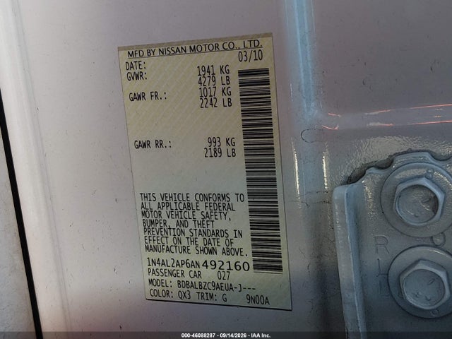 46088287 :رقم المزاد ، 1N4AL2AP6AN492160 vin ، 2010 Nissan Altima 2.5 S مزاد بيع