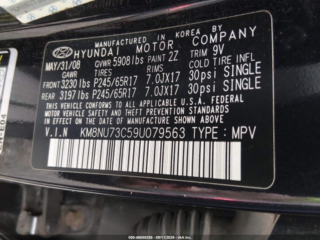 Auction sale of the 2009 Hyundai Veracruz Gls, vin: KM8NU73C59U079563, lot number: 46088289