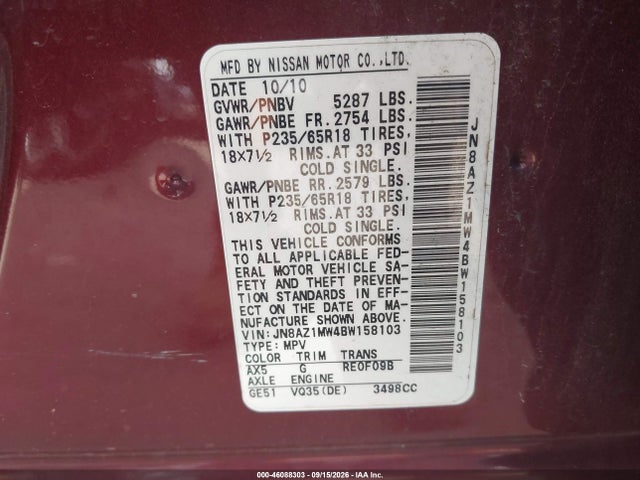 46088303 :رقم المزاد ، JN8AZ1MW4BW158103 vin ، 2011 Nissan Murano Sl مزاد بيع