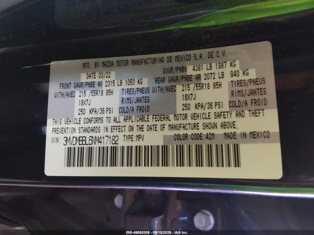 46088306 :رقم المزاد ، 3MVDMBBL6NM417182 vin ، 2022 Mazda Cx-30 Select مزاد بيع