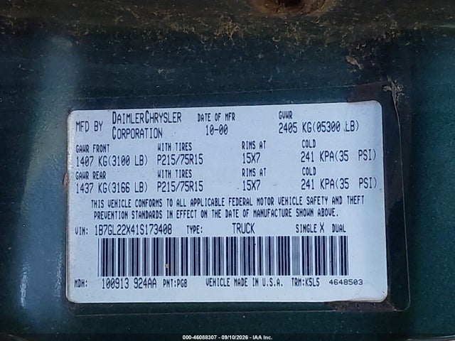 Aukcja sprzedaży 2001 Dodge Dakota Slt/sport, vin: 1B7GL22X41S173408, numer aukcji: 46088307