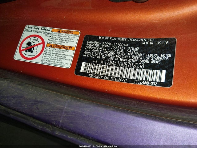 46088312 :رقم المزاد ، JF1ZNAA10H8702098 vin ، 2017 Toyota 86 مزاد بيع
