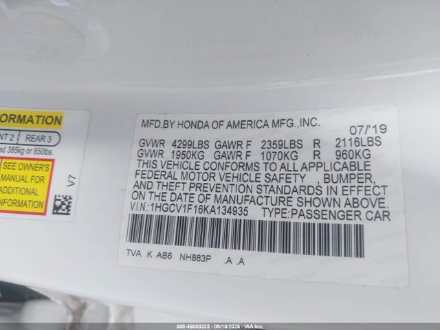 Aukcja sprzedaży 2019 Honda Accord Lx, vin: 1HGCV1F16KA134935, numer aukcji: 46088323