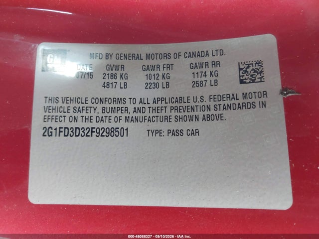 2015 Chevrolet Camaro 1lt მანქანა იყიდება აუქციონზე, vin: 2G1FD3D32F9298501, აუქციონის ნომერი: 46088327