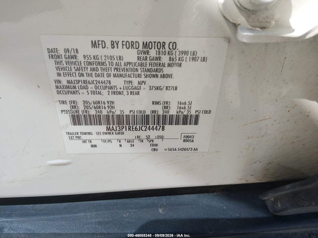 2018 Ford Ecosport S მანქანა იყიდება აუქციონზე, vin: MAJ3P1RE6JC244478, აუქციონის ნომერი: 46088348