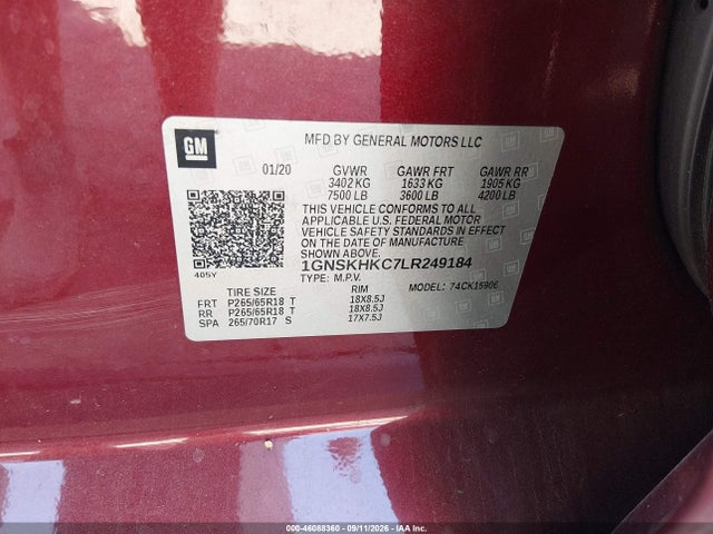 Aukcja sprzedaży 2020 Chevrolet Suburban 4wd Lt, vin: 1GNSKHKC7LR249184, numer aukcji: 46088360