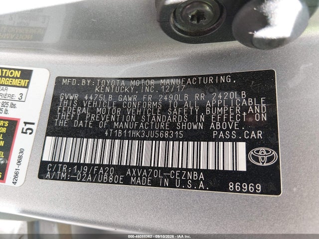 Продажа на аукционе авто 2018 Toyota Camry Le, vin: 4T1B11HK3JU568315, номер лота: 46088362