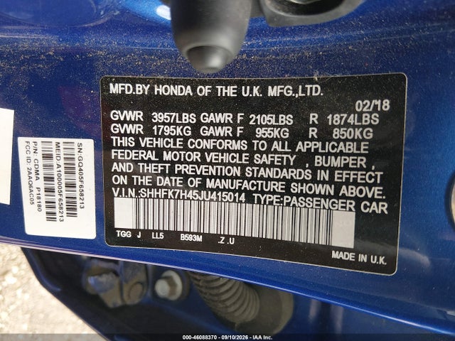 2018 Honda Civic Sport მანქანა იყიდება აუქციონზე, vin: SHHFK7H45JU415014, აუქციონის ნომერი: 46088370