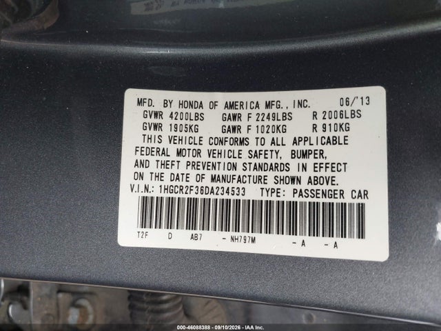46088388 :رقم المزاد ، 1HGCR2F36DA234533 vin ، 2013 Honda Accord Lx مزاد بيع