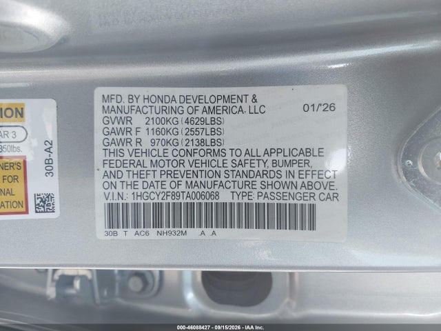 46088427 :رقم المزاد ، 1HGCY2F89TA006068 vin ، 2026 Honda Accord Hybrid Touring مزاد بيع