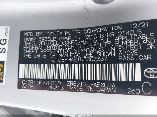 JTDEPMAE1N3007337 Toyota COROLLA LE