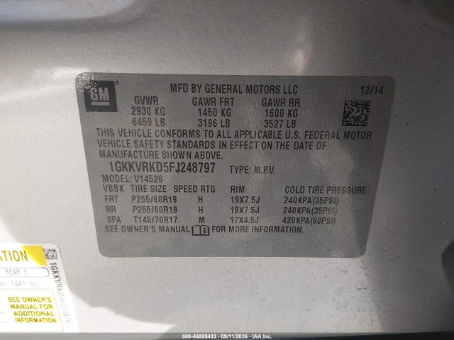 46088433 :رقم المزاد ، 1GKKVRKD5FJ248797 vin ، 2015 Gmc Acadia Slt مزاد بيع