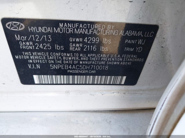 Aukcja sprzedaży 2013 Hyundai Sonata Gls, vin: 5NPEB4AC5DH710018, numer aukcji: 46088447