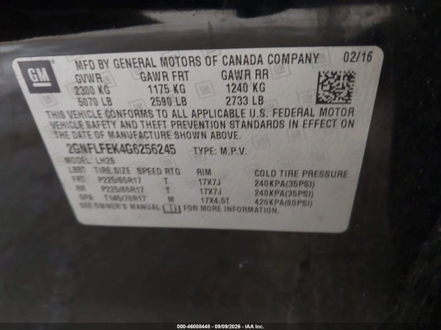 Auction sale of the 2016 Chevrolet Equinox Lt, vin: 2GNFLFEK4G6256245, lot number: 46088448