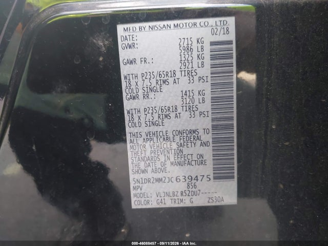 46088457 :رقم المزاد ، 5N1DR2MM2JC639475 vin ، 2018 Nissan Pathfinder S مزاد بيع