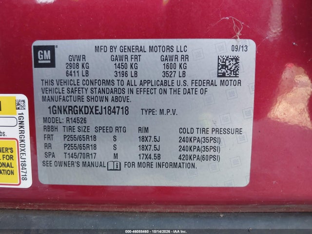 46088460 :رقم المزاد ، 1GNKRGKDXEJ184718 vin ، 2014 Chevrolet Traverse Lt مزاد بيع