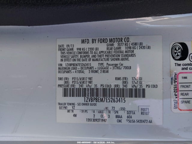 46088461 :رقم المزاد ، 1ZVBP8EM7E5263415 vin ، 2014 Ford Mustang V6 Premium مزاد بيع