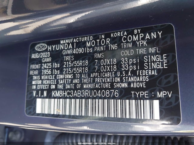 2024 Hyundai Kona Sel მანქანა იყიდება აუქციონზე, vin: KM8HC3AB3RU040876, აუქციონის ნომერი: 46088462