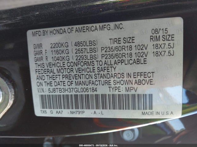 Продажа на аукционе авто 2016 Acura Rdx Acurawatch Plus Pkg, vin: 5J8TB3H37GL006184, номер лота: 46088473