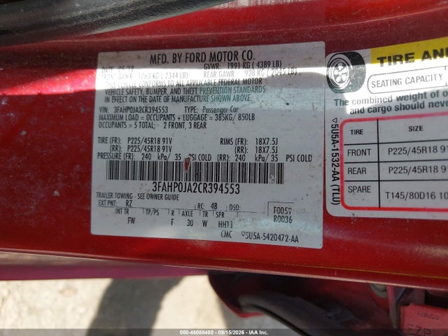 46088480 :رقم المزاد ، 3FAHP0JA2CR394553 vin ، 2012 Ford Fusion Sel مزاد بيع