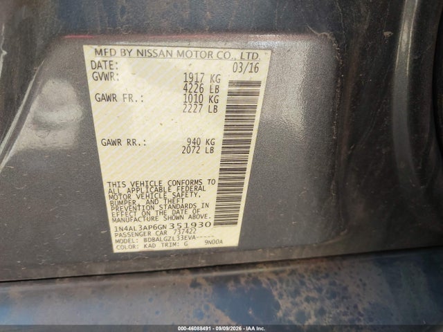 Aukcja sprzedaży 2016 Nissan Altima 2.5/2.5 S/2.5 Sl/2.5 Sr/2.5 Sv, vin: 1N4AL3AP6GN351930, numer aukcji: 46088491