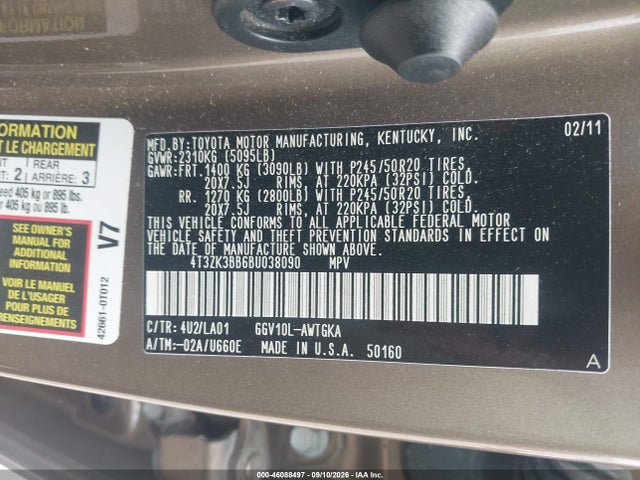 Aukcja sprzedaży 2011 Toyota Venza Base V6, vin: 4T3ZK3BB6BU038090, numer aukcji: 46088497