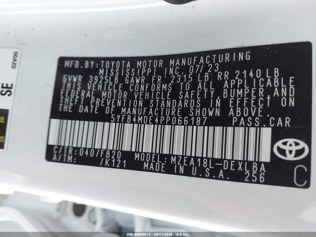 Продаж на аукціоні авто 2023 Toyota Corolla Le, vin: 5YFB4MDE4PP066187, номер лоту: 46088512