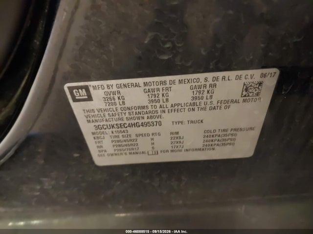 Aukcja sprzedaży 2017 Chevrolet Silverado 1500 2lz, vin: 3GCUKSEC4HG495370, numer aukcji: 46088515