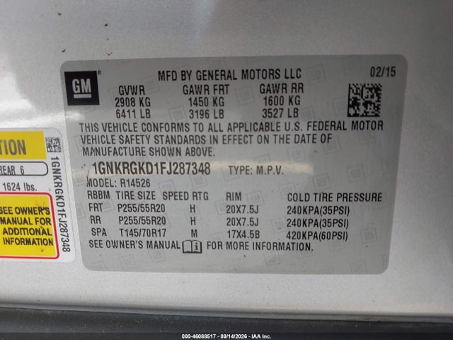 46088517 :رقم المزاد ، 1GNKRGKD1FJ287348 vin ، 2015 Chevrolet Traverse Lt مزاد بيع