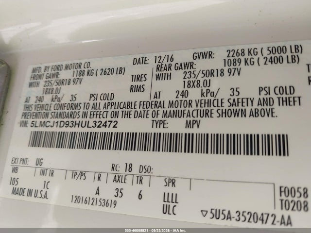 Продаж на аукціоні авто 2017 Lincoln Mkc Premiere, vin: 5LMCJ1D93HUL32472, номер лоту: 46088521