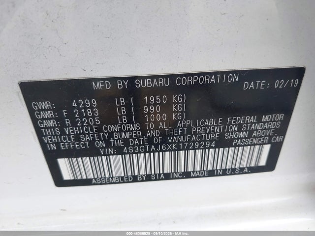 46088525 :رقم المزاد ، 4S3GTAJ6XK1729294 vin ، 2019 Subaru Impreza 2.0i Sport مزاد بيع