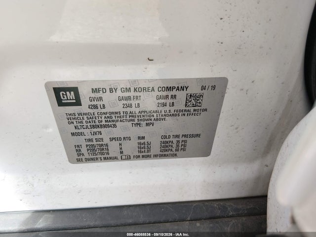 Продаж на аукціоні авто 2019 Chevrolet Trax Lt, vin: KL7CJLSB0KB909435, номер лоту: 46088536