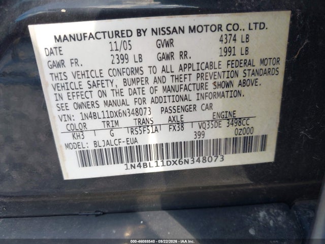 Продаж на аукціоні авто 2006 Nissan Altima 3.5 Se, vin: 1N4BL11DX6N348073, номер лоту: 46088540