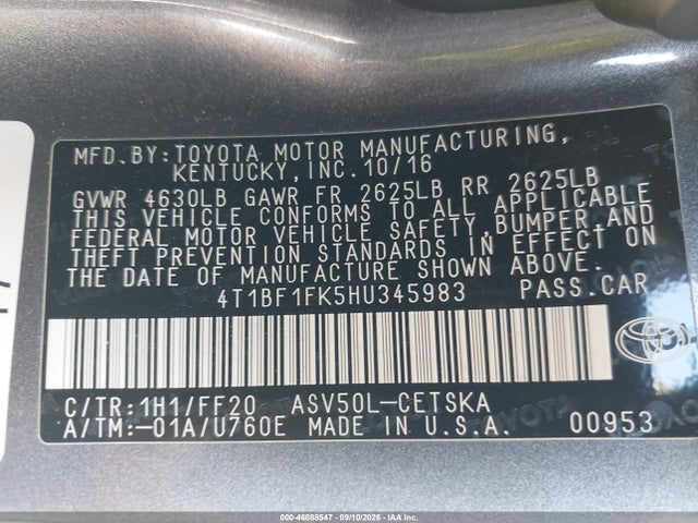 2017 Toyota Camry Se მანქანა იყიდება აუქციონზე, vin: 4T1BF1FK5HU345983, აუქციონის ნომერი: 46088547