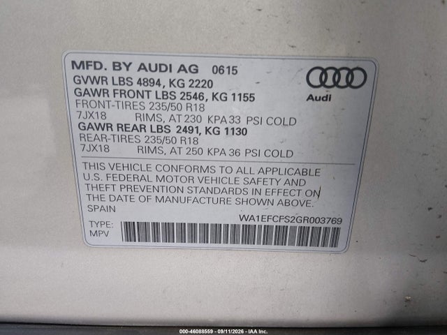 46088559 :رقم المزاد ، WA1EFCFS2GR003769 vin ، 2016 Audi Q3 2.0t Premium Plus مزاد بيع