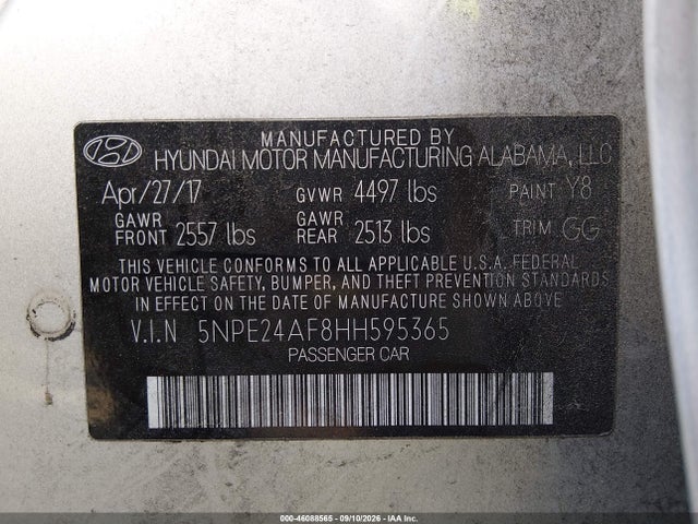 Продаж на аукціоні авто 2017 Hyundai Sonata Se, vin: 5NPE24AF8HH595365, номер лоту: 46088565
