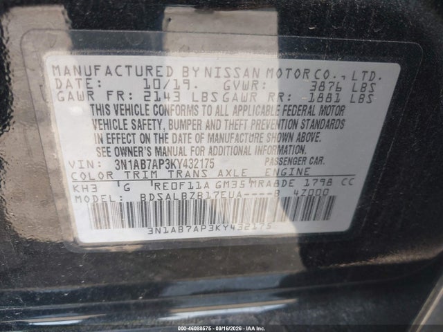 Aukcja sprzedaży 2019 Nissan Sentra S, vin: 3N1AB7AP3KY432175, numer aukcji: 46088575