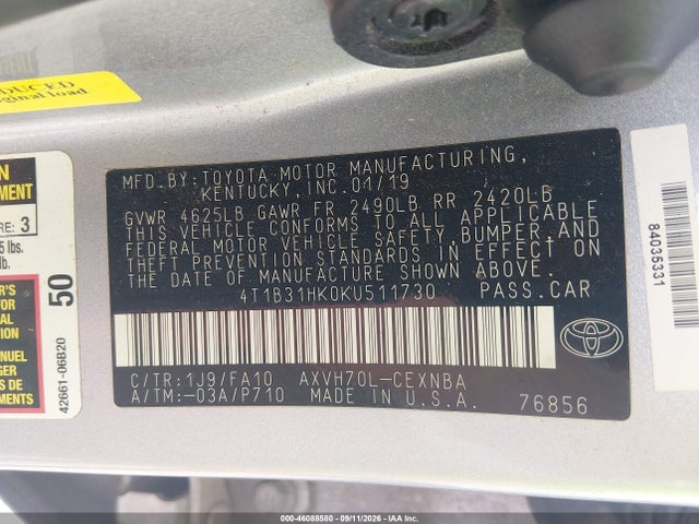 4T1B31HK0KU511730 Toyota Camry Hybrid Le