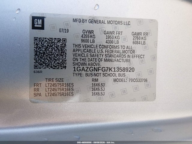 Aukcja sprzedaży 2019 Chevrolet Express 3500 Ls, vin: 1GAZGNFG7K1358920, numer aukcji: 46088598