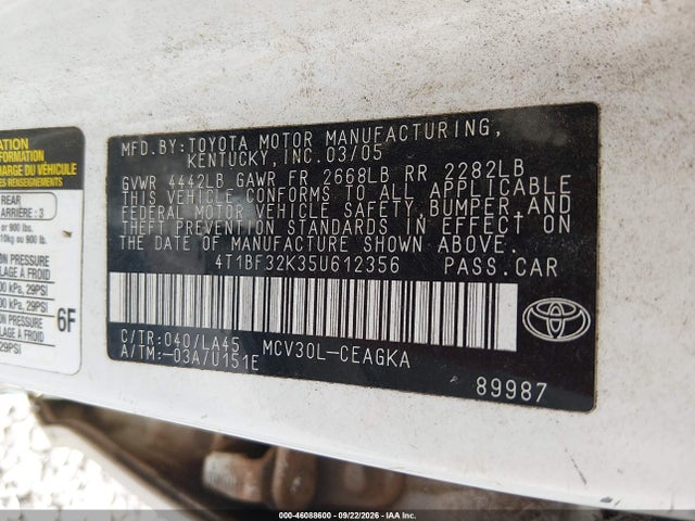 Aukcja sprzedaży 2005 Toyota Camry Xle V6, vin: 4T1BF32K35U612356, numer aukcji: 46088600