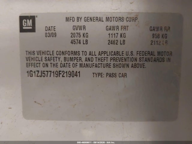 Aukcja sprzedaży 2009 Chevrolet Malibu Lt, vin: 1G1ZJ57719F219041, numer aukcji: 46088611