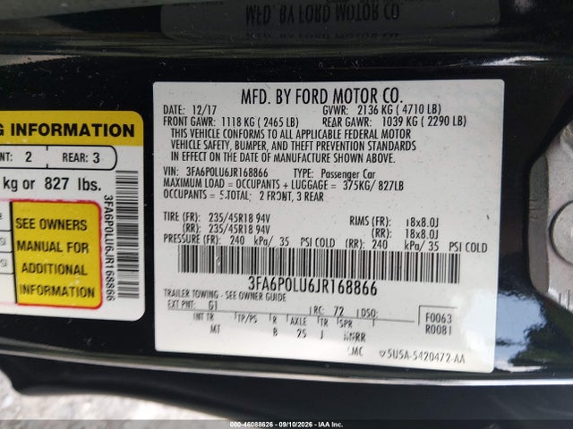 46088626 :رقم المزاد ، 3FA6P0LU6JR168866 vin ، 2018 Ford Fusion Hybrid Se مزاد بيع