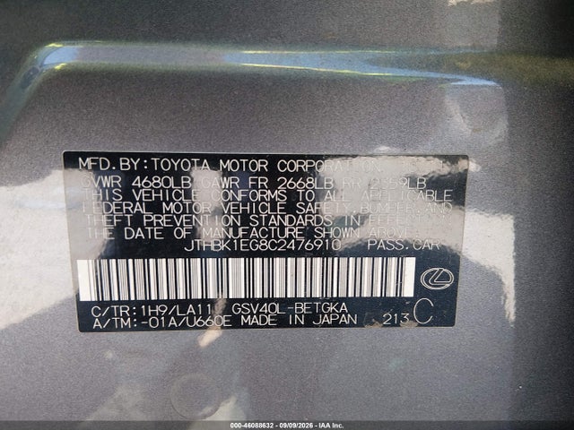 46088632 :رقم المزاد ، JTHBK1EG8C2476910 vin ، 2012 Lexus Es 350 مزاد بيع