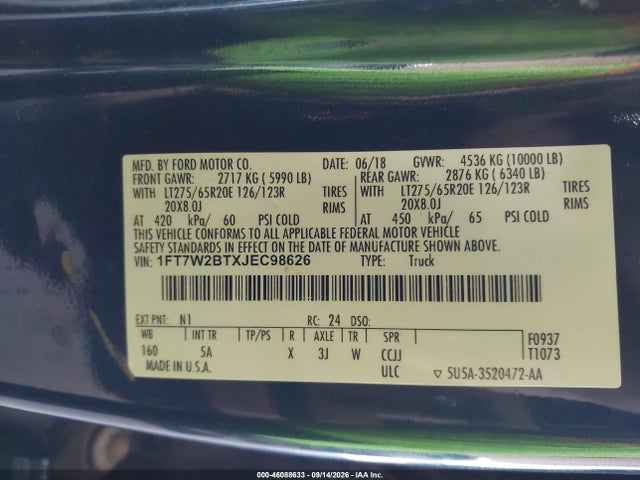 Продажа на аукционе авто 2018 Ford F-250 Lariat, vin: 1FT7W2BTXJEC98626, номер лота: 46088633