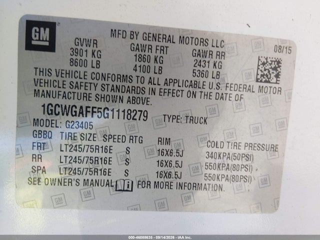 46088635 :رقم المزاد ، 1GCWGAFF5G1118279 vin ، 2016 Chevrolet Express 2500 Work Van مزاد بيع