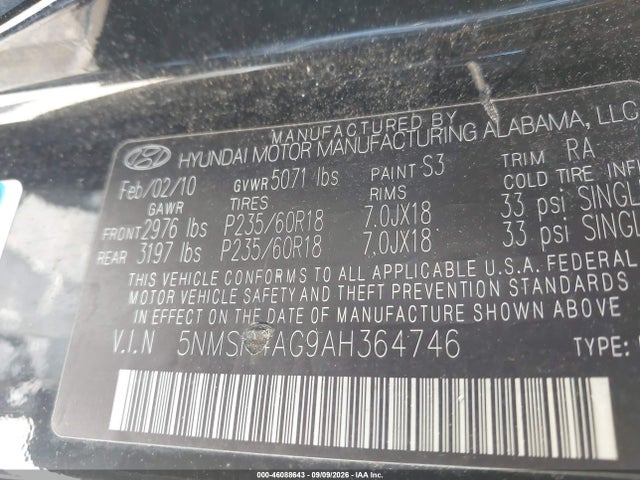 46088643 :رقم المزاد ، 5NMSH4AG9AH364746 vin ، 2010 Hyundai Santa Fe Se مزاد بيع