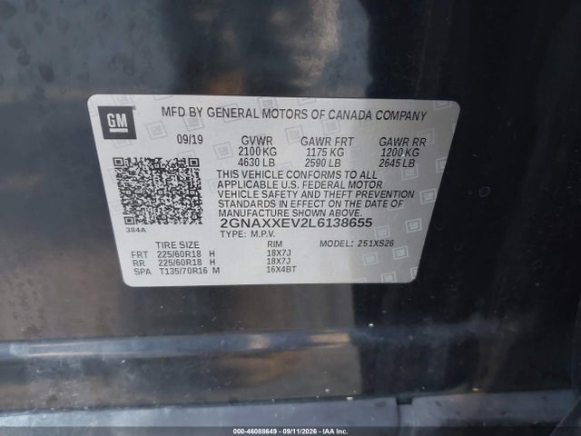 Продаж на аукціоні авто 2020 Chevrolet Equinox Awd Premier 1.5l Turbo, vin: 2GNAXXEV2L6138655, номер лоту: 46088649