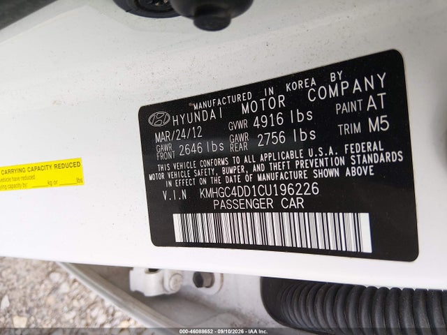46088652 :رقم المزاد ، KMHGC4DD1CU196226 vin ، 2012 Hyundai Genesis 3.8 مزاد بيع
